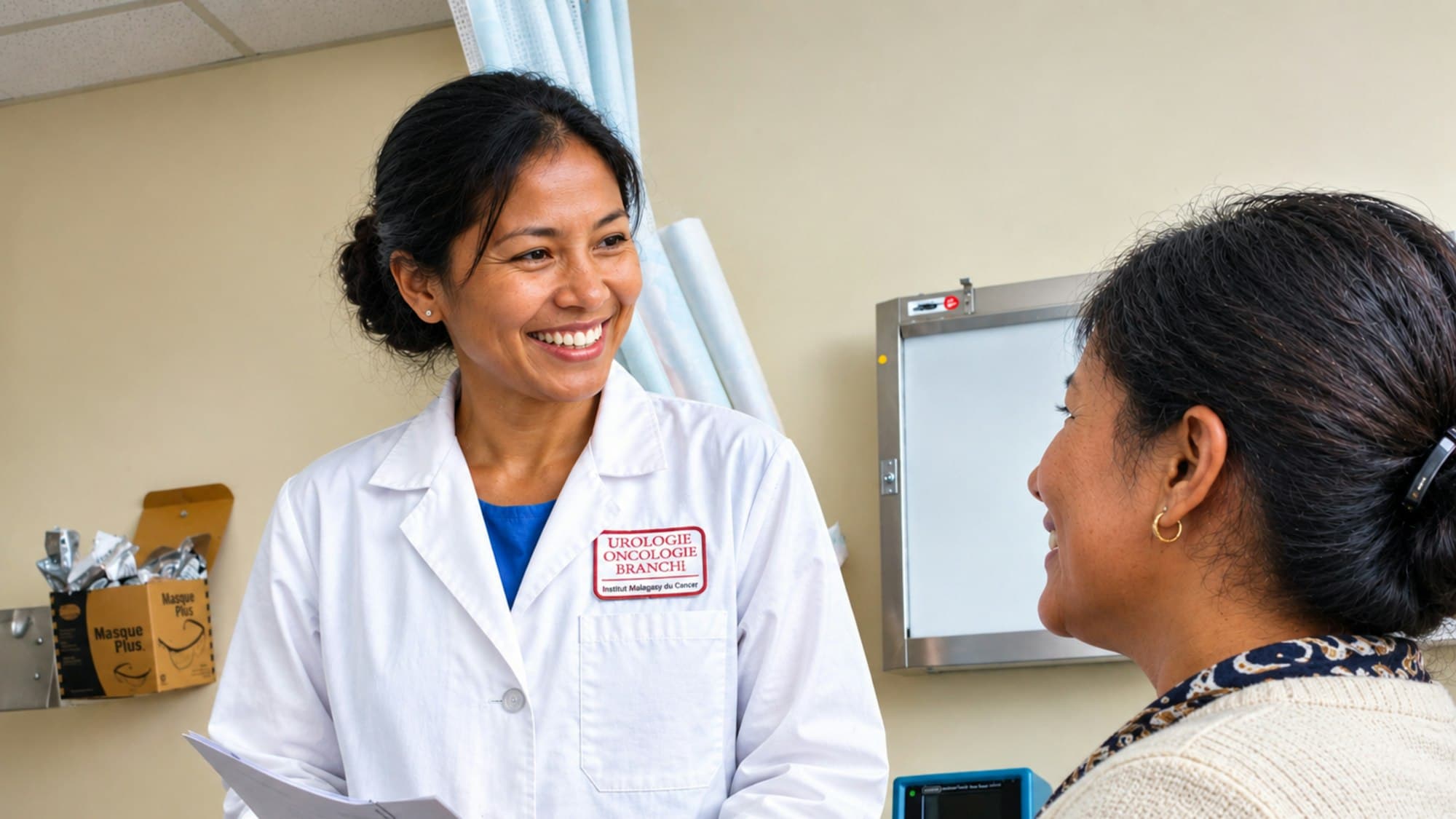 Une médecin souriante en blouse blanche discute avec une patiente en salle de consultation