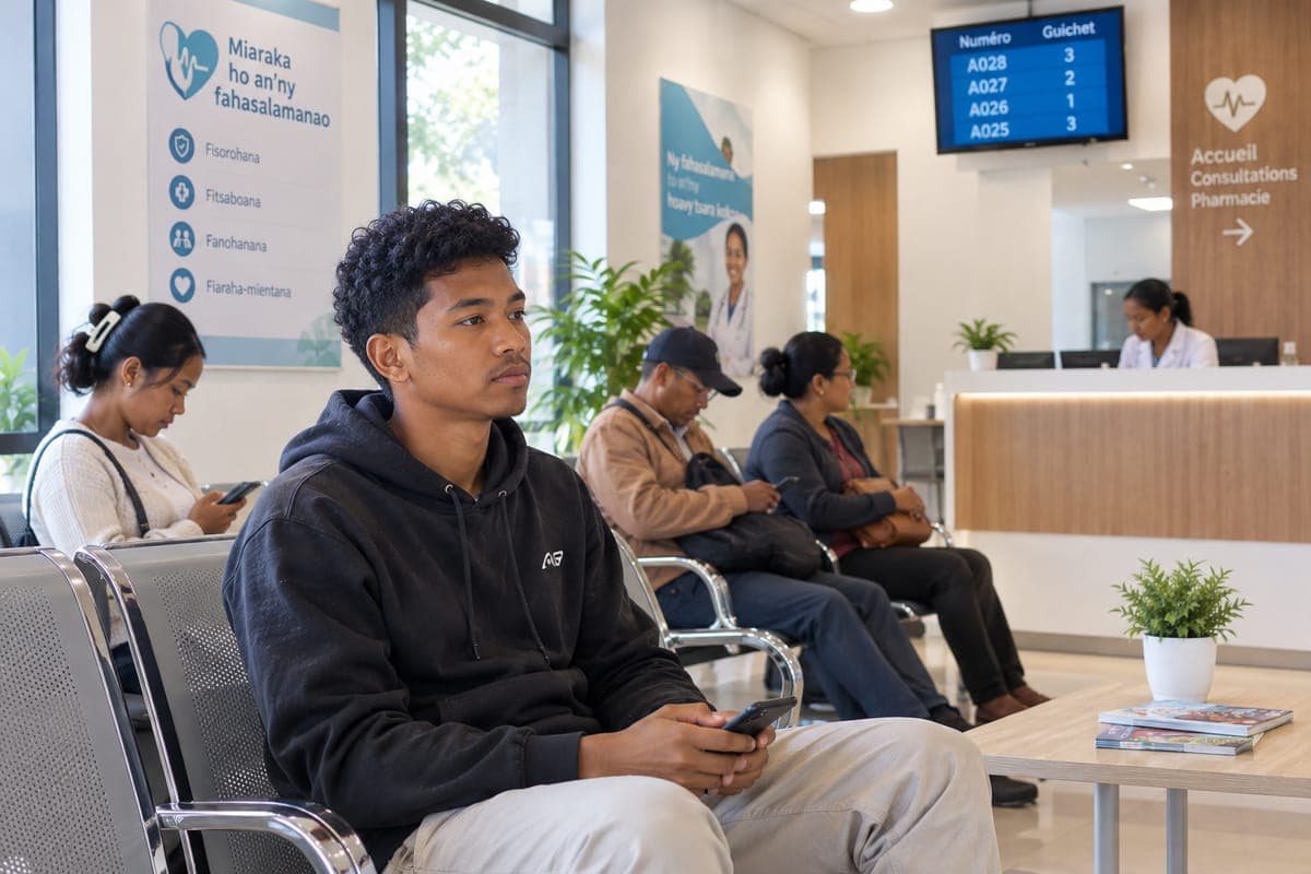 Des patients attendent leur consultation dans la salle d’attente lumineuse d’une clinique